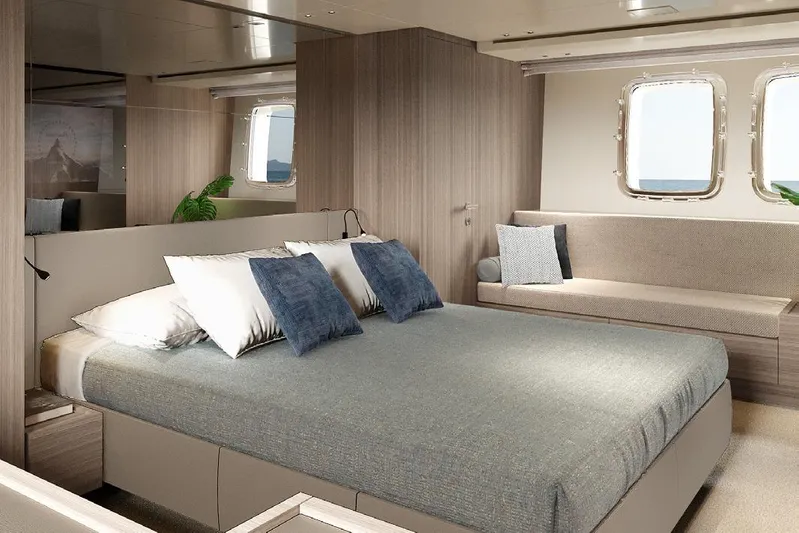Sanlorenzo Sx88 Yacht Photos Pics Luxurious bedroom interior of 2025 Sanlorenzo SX88 yacht with modern design and ocean view.
