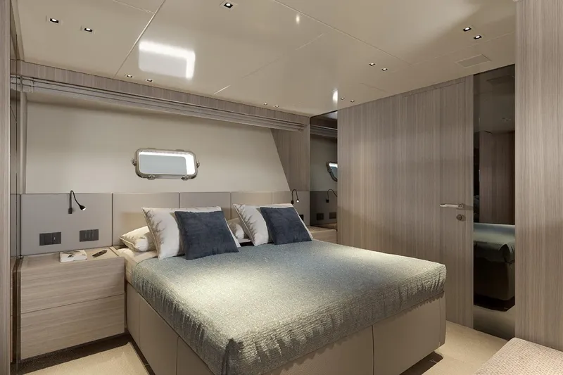Sanlorenzo Sx88 Yacht Photos Pics Luxurious bedroom interior of 2025 Sanlorenzo SX88 yacht with modern design and elegant furnishings.
