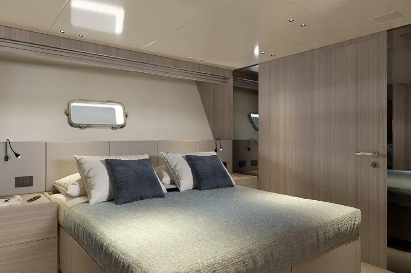 Sanlorenzo Sx88 Yacht Photos Pics Luxurious bedroom interior of 2025 Sanlorenzo SX88 yacht, featuring modern design and elegant furnishings.