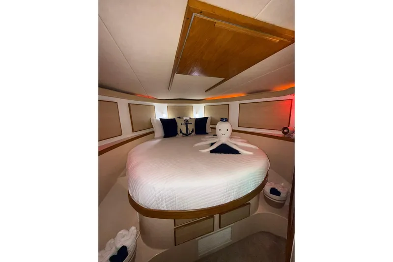  Yacht Photos Pics 1988 Bertram 43 Flybridge cabin with round bed, nautical decor, and plush octopus.