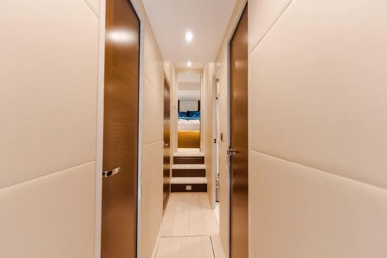  Yacht Photos Pics Luxurious interior hallway of 2017 Hatteras M75 Panacera yacht with modern design.