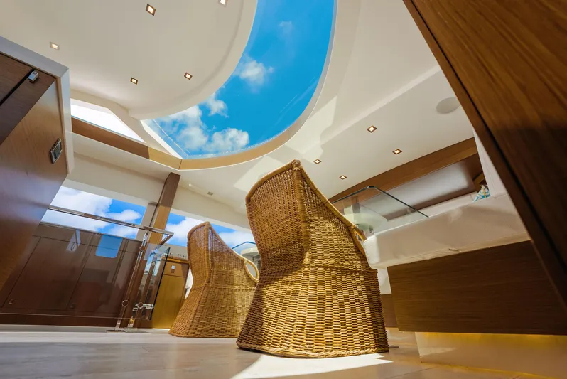  Yacht Photos Pics Luxurious interior of 2017 Hatteras M75 Panacera yacht with wicker chairs and skylight.
