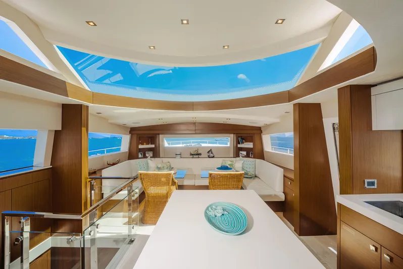  Yacht Photos Pics Luxurious interior of 2017 Hatteras M75 Panacera yacht with panoramic windows and elegant decor.