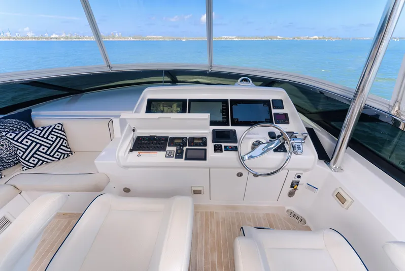  Yacht Photos Pics Helm of 2017 Hatteras M75 Panacera yacht with modern controls and ocean view.