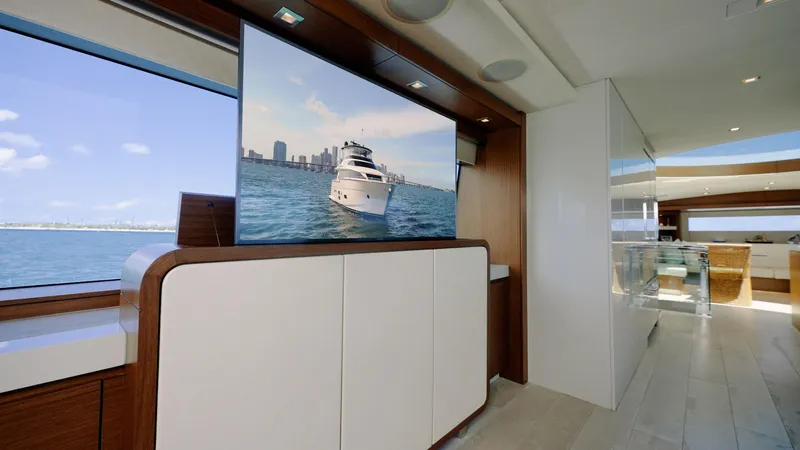  Yacht Photos Pics Luxurious interior of 2017 Hatteras M75 Panacera yacht with ocean view and modern design.