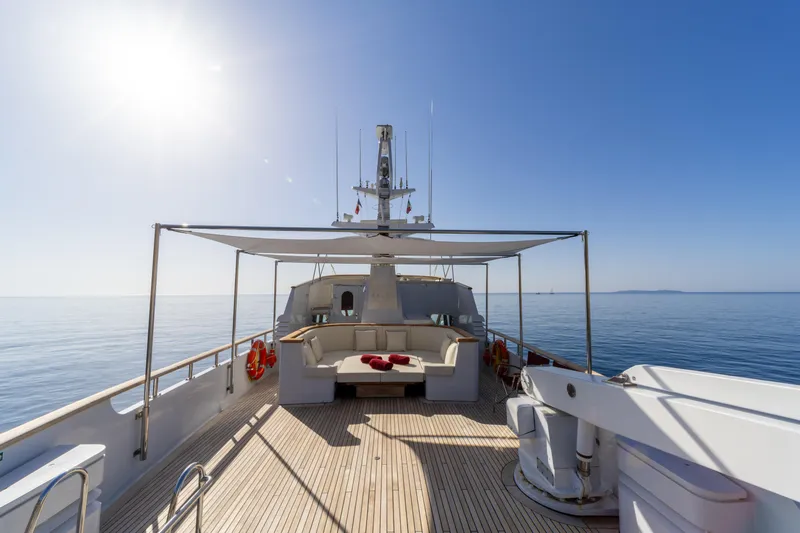  Yacht Photos Pics Luxury yacht deck of 1989 Moonen 85 under clear blue sky.