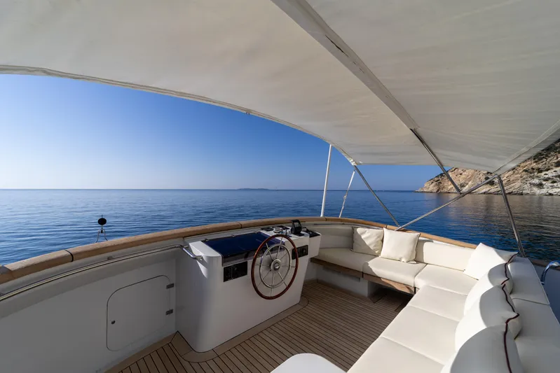  Yacht Photos Pics Luxurious 1989 Moonen 85 yacht deck with seating, steering wheel, and ocean view.