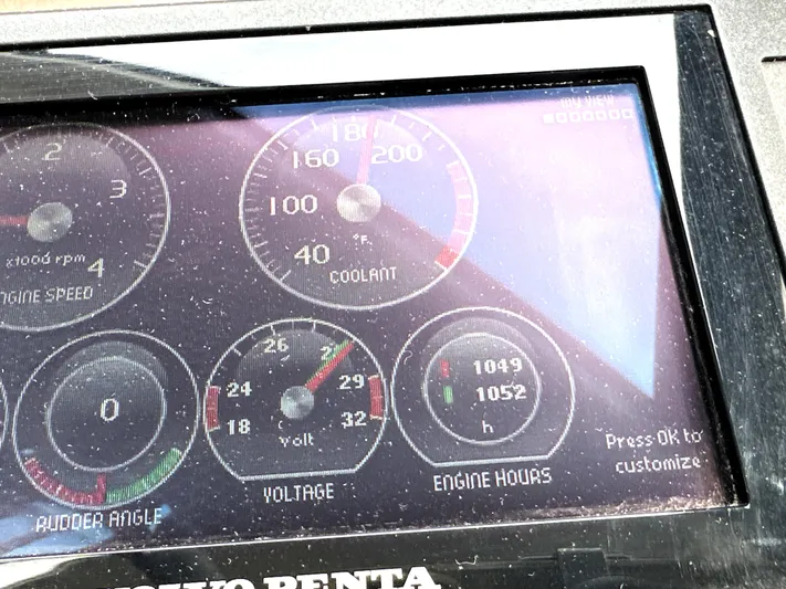  Yacht Photos Pics Dashboard display of a 2013 Prestige 500, showing engine speed, coolant, voltage, and engine hours.