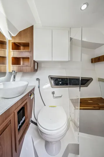  Yacht Photos Pics Modern bathroom interior on 2024 NHD 355 Open Deck boat.