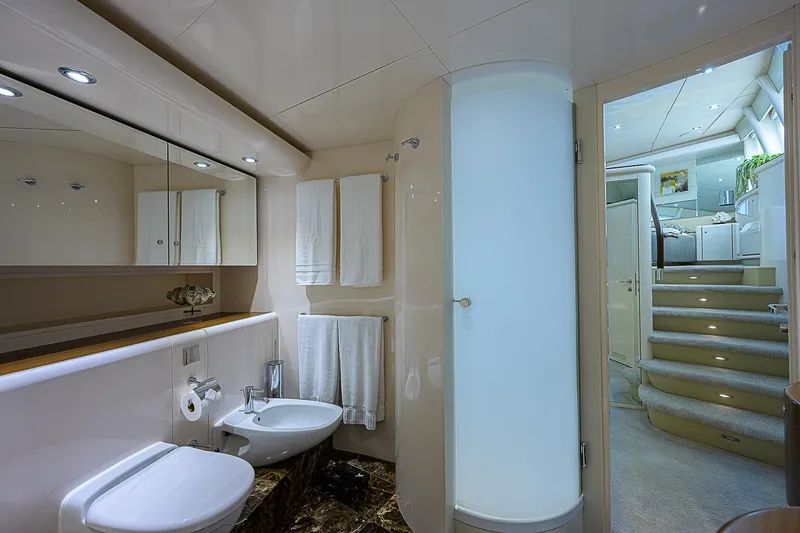 Grandeur Yacht Photos Pics Luxurious bathroom on 2005 DMB Danube Motor Yacht with modern fixtures and elegant design.