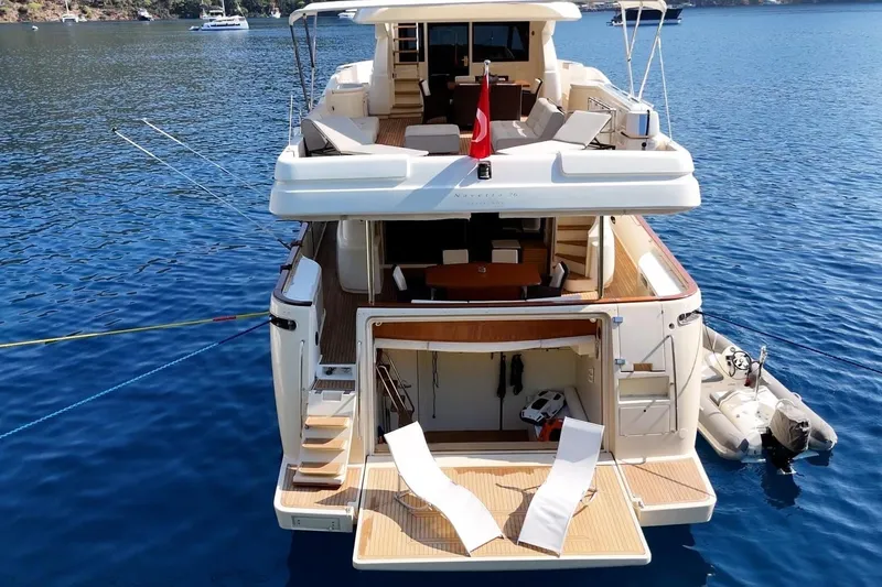  Yacht Photos Pics Luxurious 2011 Custom Line Navetta 26 yacht with sun loungers on serene blue water.