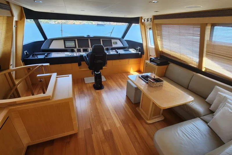  Yacht Photos Pics Luxurious interior of 2011 Custom Line Navetta 26 yacht with helm and seating area.