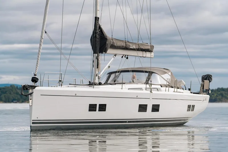  Yacht Photos Pics 2019 Hanse 548 sailboat on calm water under cloudy sky.