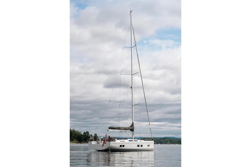  Yacht Photos Pics 2019 Hanse 548 sailboat on calm water under cloudy sky.
