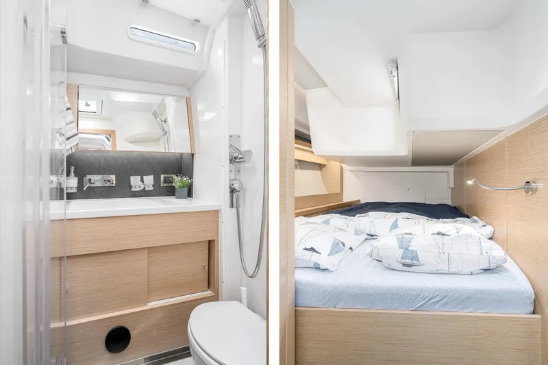  Yacht Photos Pics 2019 Hanse 548 yacht interior with modern bathroom and cozy bedroom.
