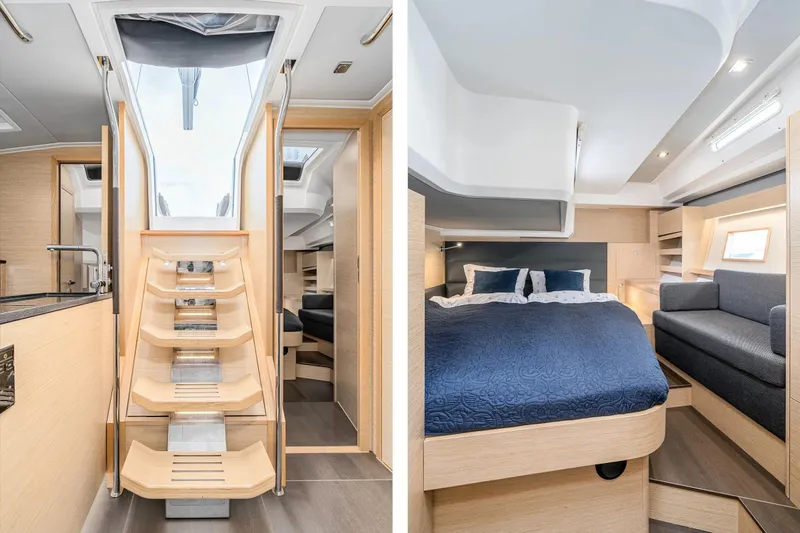  Yacht Photos Pics Luxurious interior of 2019 Hanse 548 yacht featuring modern staircase and cozy bedroom.