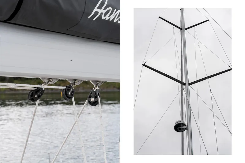  Yacht Photos Pics 2019 Hanse 548 sailboat rigging and mast details against a cloudy sky.