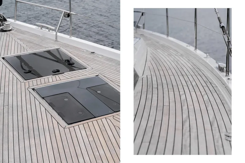  Yacht Photos Pics 2019 Hanse 548 yacht deck with sleek wooden finish and modern hatch design.