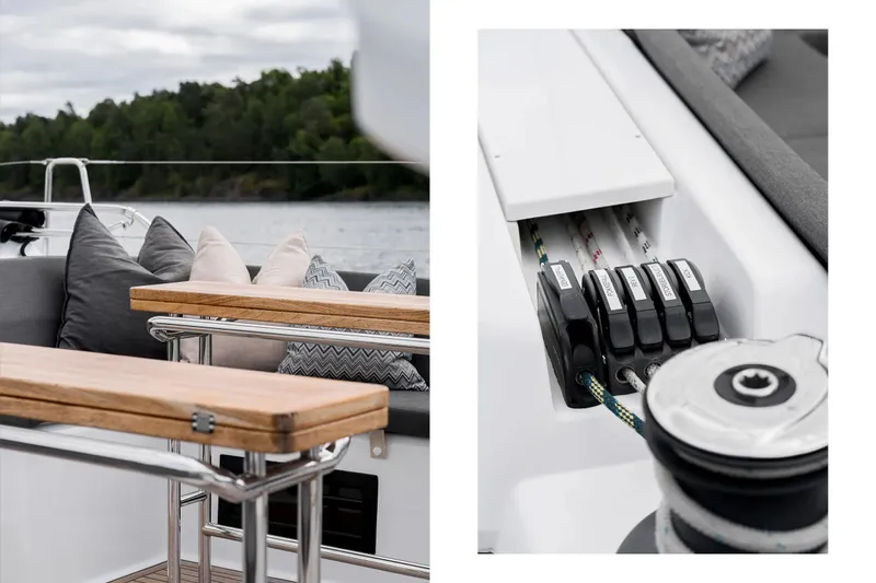  Yacht Photos Pics Luxurious 2019 Hanse 548 yacht deck with cushions and sailing equipment.