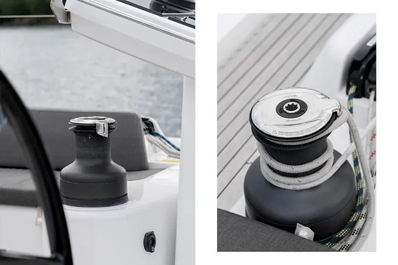  Yacht Photos Pics Close-up of winches on a 2019 Hanse 548 yacht, featuring ropes and deck details.