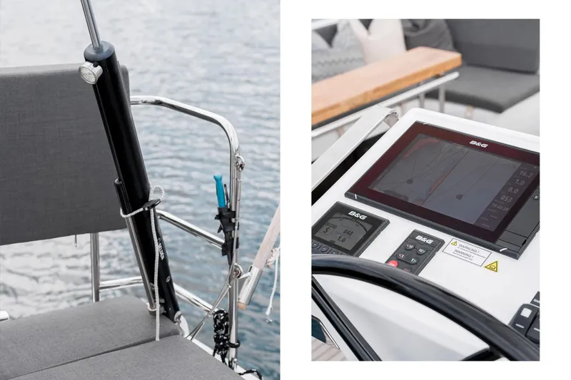  Yacht Photos Pics 2019 Hanse 548 yacht cockpit with navigation display and seating, overlooking water.