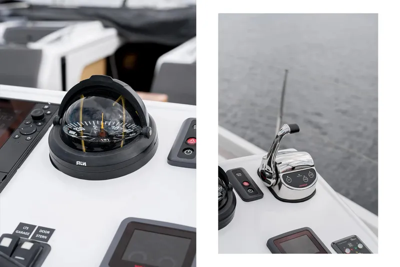  Yacht Photos Pics Cockpit controls of 2019 Hanse 548 yacht with compass and throttle lever.