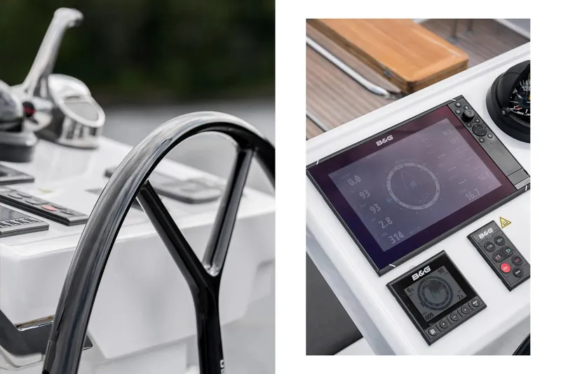  Yacht Photos Pics Steering wheel and navigation display on 2019 Hanse 548 yacht.