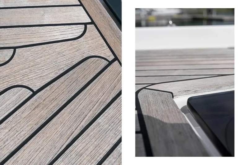  Yacht Photos Pics Teak deck details of 2019 Hanse 548 yacht, showcasing elegant wood craftsmanship.