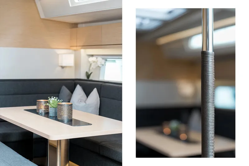  Yacht Photos Pics Interior of 2019 Hanse 548 yacht with elegant dining area and modern decor.
