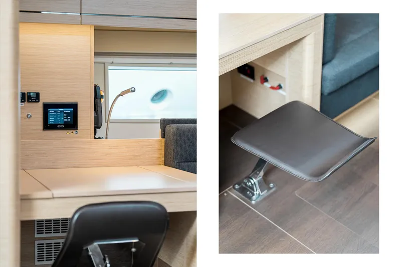  Yacht Photos Pics Interior of 2019 Hanse 548 yacht with modern desk and leather seat.