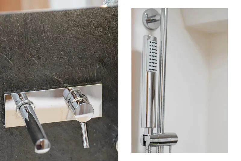  Yacht Photos Pics Modern chrome shower fixtures on Hanse 548 yacht, 2019 model.