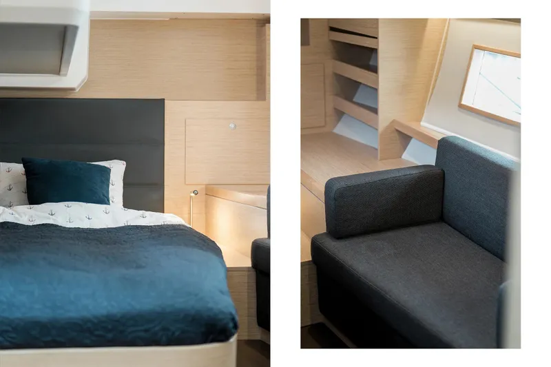  Yacht Photos Pics Luxurious interior of 2019 Hanse 548 yacht with cozy bed and modern seating area.
