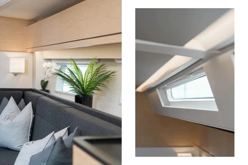  Yacht Photos Pics Interior of 2019 Hanse 548 yacht with modern decor and natural light.