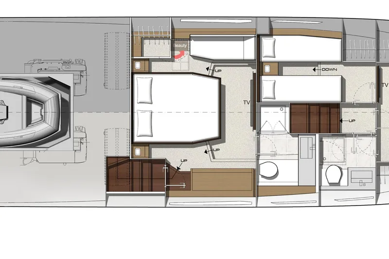  Yacht Photos Pics Floor plan of 2024 Prestige 520 yacht, featuring bedrooms, bathrooms, and living areas.