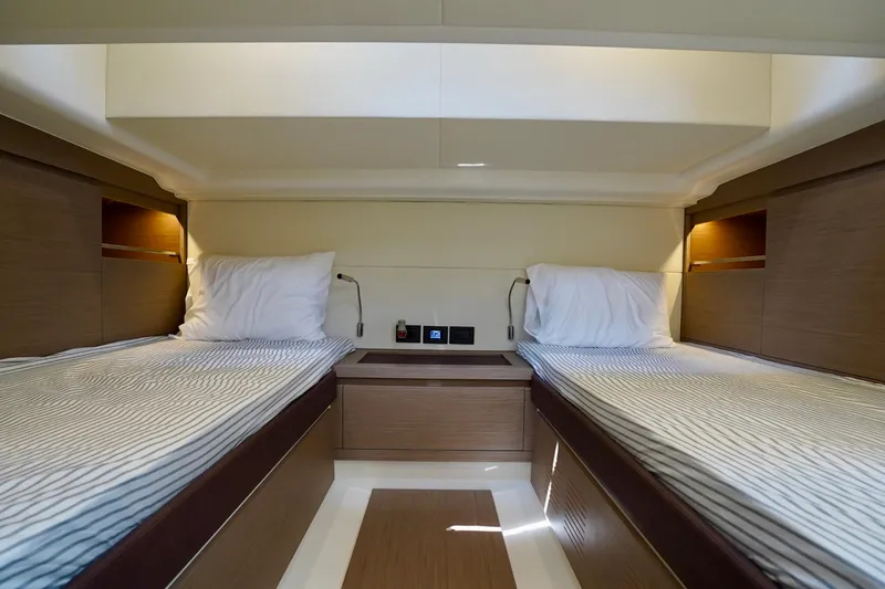  Yacht Photos Pics Interior cabin of 2025 Pardo Yachts P43 with twin beds and modern design.