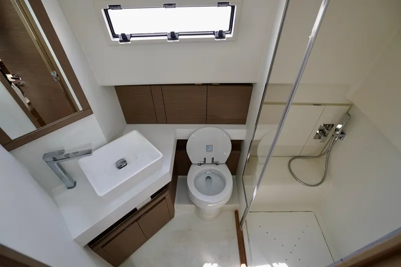  Yacht Photos Pics Modern bathroom in 2025 Pardo Yachts P43, featuring sleek fixtures and compact design.
