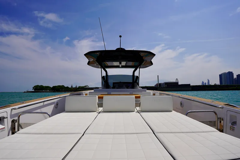  Yacht Photos Pics 2025 Pardo Yachts P43 luxury yacht with sunbeds, cruising on a sunny day.