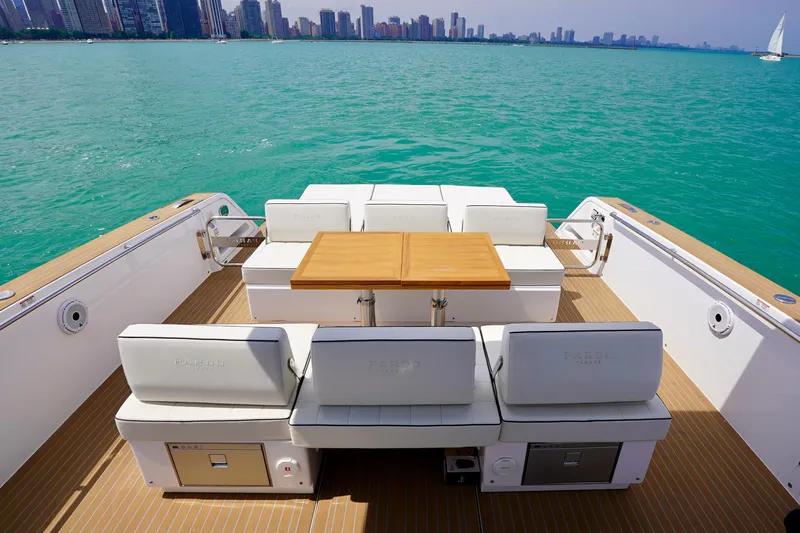  Yacht Photos Pics Luxury Pardo Yachts P43, 2025 model, with elegant seating and scenic ocean view.