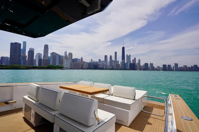 Yacht Photos Pics 2025 Pardo Yachts P43 on water with city skyline in background.