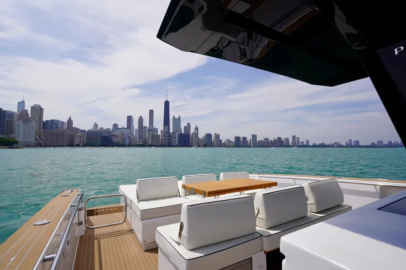  Yacht Photos Pics Luxury Pardo Yachts P43 cruising with city skyline view, 2025 model.
