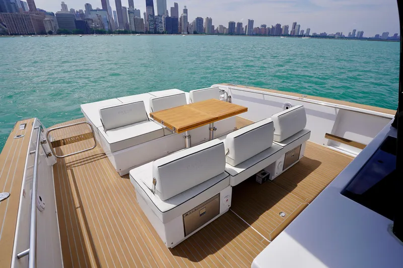  Yacht Photos Pics Luxury Pardo Yachts P43, 2025 model, with elegant seating and city skyline view.