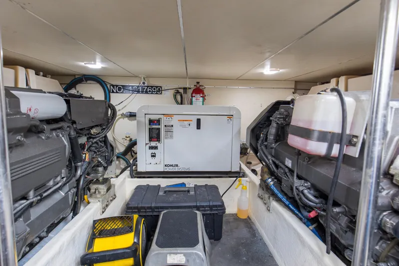 Pipe Dream Yacht Photos Pics Engine room of 2008 Luhrs 35 Convertible boat with Kohler power systems.