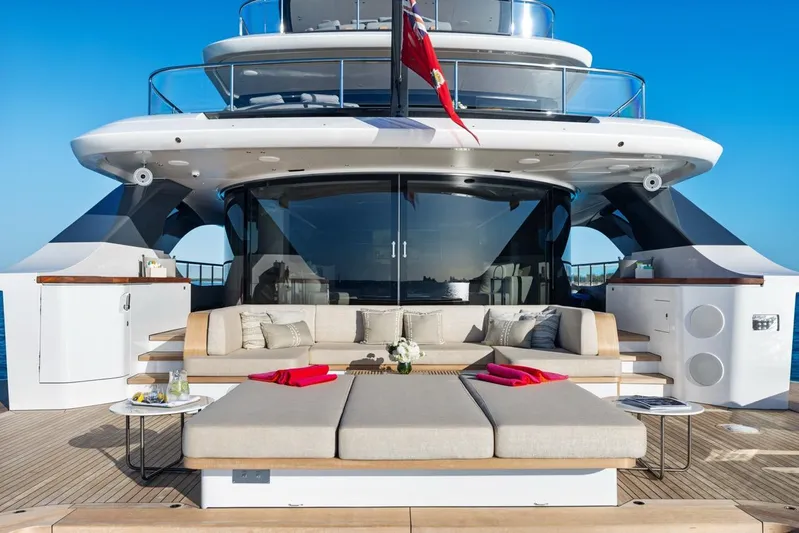 Contigo Yacht Photos Pics Luxurious 2024 Benetti 40M Oasis yacht deck with elegant seating and modern design.