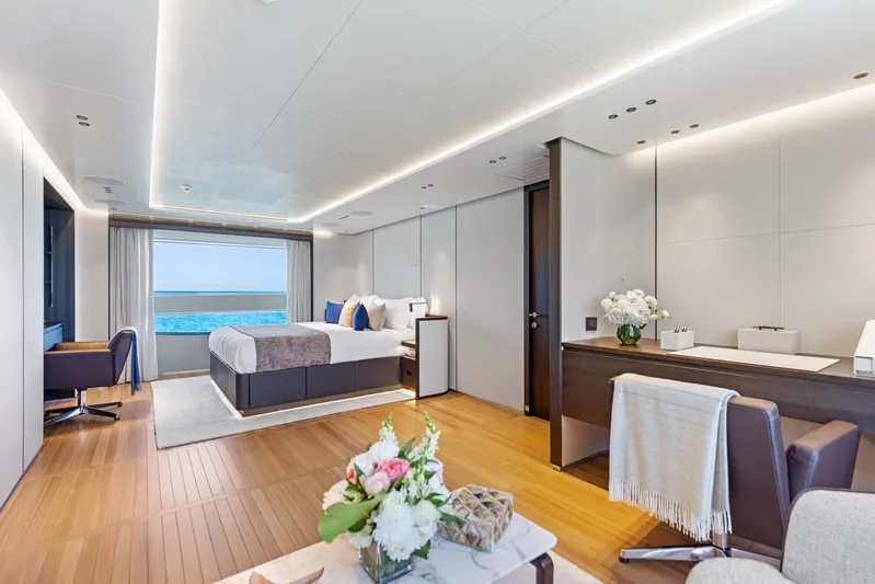 Contigo Yacht Photos Pics Luxurious interior of 2024 Benetti 40M Oasis yacht with ocean view and elegant decor.