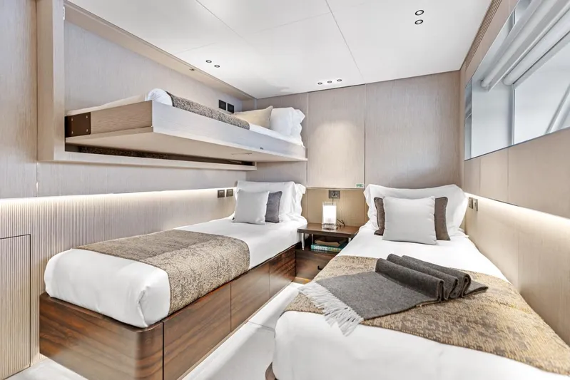 Contigo Yacht Photos Pics Luxurious cabin interior of 2024 Benetti 40M Oasis yacht with modern twin beds.