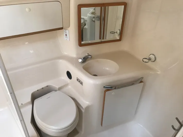 My Girl Yacht Photos Pics Bathroom interior of 1995 Sea Ray 450 Sundancer yacht, featuring sink and toilet.