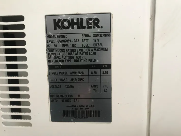 My Girl Yacht Photos Pics Kohler generator label on 1995 Sea Ray 450 Sundancer, model 6EK0ZD, diesel fuel specifications.