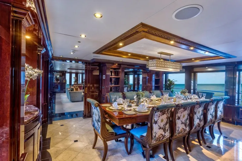 Ionian Princess Yacht Photos Pics Luxurious dining area on a 2005 Christensen yacht with elegant decor and ocean views.