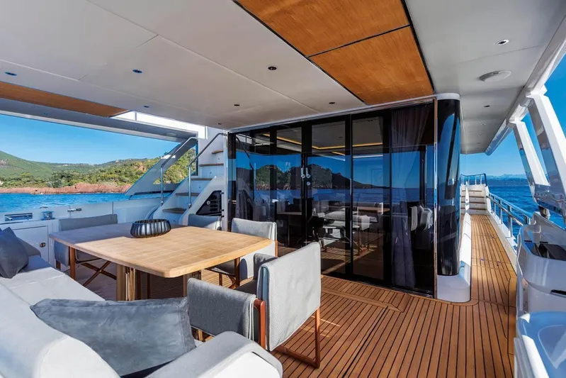  Yacht Photos Pics Luxurious 2019 Absolute Navetta 73 yacht deck with elegant seating and ocean view.
