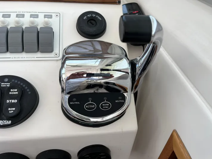  Yacht Photos Pics Control panel of a 2016 Back Cove 34 Express boat with throttle and switches.